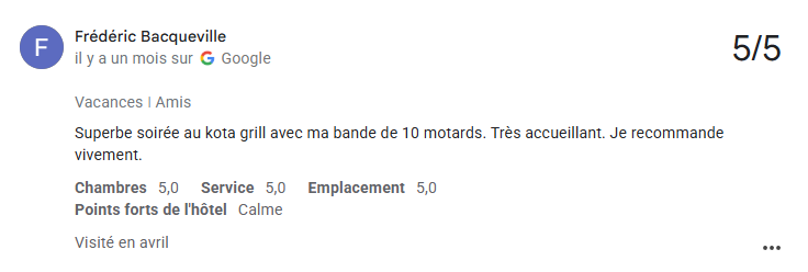 Avis de clients des gîtes Aux Champs des Amours dans le pas-de-Calais sur le kota-grill